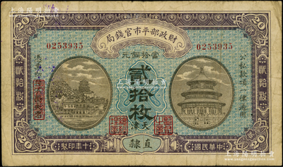 民國(guó)十年（1921年）財(cái)政部平市官錢(qián)局當(dāng)拾銅元貳拾枚，直隸地名，又加印“天津”地名，背面印有英文面額，且蓋有“天津平市官錢(qián)局經(jīng)理章”，罕見(jiàn)，原票七五成新