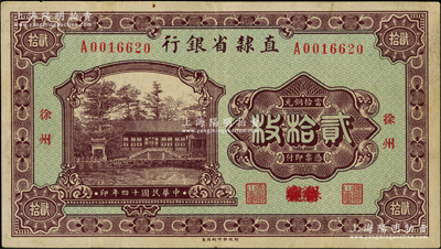 民國十四年（1925年）直隸省銀行當拾銅元貳拾枚，保定改徐州地名，此種版式存世極為罕見，八五成新