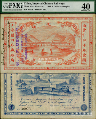 光緒貳拾四年（1899年）山海關(guān)內(nèi)外鐵路局洋銀壹圓，正面蓋有英文字樣，且手書“Tientsin Siege Surrounded”（天津被圍），或?qū)傥裟臧藝?lián)軍掠奪之物，亦見證“庚子事變”時直隸提督聶士成率武毅軍攻打天津租界之史實；海外藏家出品，極富研究價值，PMG 40 EF