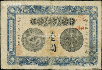 光緒三十三年（1907年）安徽裕皖官錢局壹圓，加蓋“駐和”（和州，今稱和縣），此地名較少見，七五成新