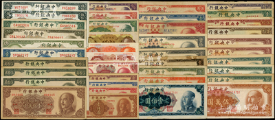 中央銀行金圓券共40枚，詳分：1945年美鈔版壹圓、伍圓、拾圓、貳拾圓、孫像伍拾圓、蔣像伍拾圓、壹百圓；1946年德納羅版壹角、貳角；中央廠1948年伍角、拾圓、貳拾圓、伍拾圓、壹佰圓，1949年壹佰圓、伍佰圓、棕壹仟圓、黑壹仟圓特約三廠、壹仟圓特約四廠、伍仟圓、壹萬圓、紅伍萬圓、棕伍萬圓、拾萬圓、特約三廠拾萬圓、特約四廠拾萬圓、伍拾萬圓、特約一廠伍拾萬圓；中華版1948年貳拾