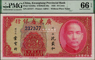 民國二十四年（1935年）廣東省銀行美鈔版銀毫券壹毫，無字軌，全新