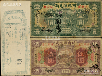 民國福州僑匯業鈔券3種，詳分：福裕匯兌公司錢票未填用；明興匯兌局1932年壹圓、1931年伍圓共2枚不同，其形制風格模仿于中國銀行七年版福建地名券；柯福晟先生藏品，七至八成新