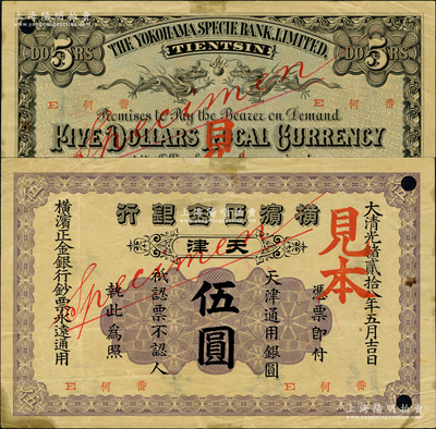 大清光緒貳拾八年（1902年）橫濱正金銀行·天津通用銀圓伍圓見本，天津地名；柯福晟先生藏品，源于日本名家森本勇先生之舊藏，罕見，八五成新