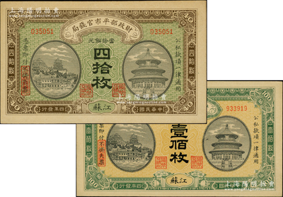 民國四年（1915年）財(cái)政部平市官錢局當(dāng)拾銅元四拾枚、壹佰枚共2種不同，江蘇地名；柏文先生藏品，未折九五至九八成新