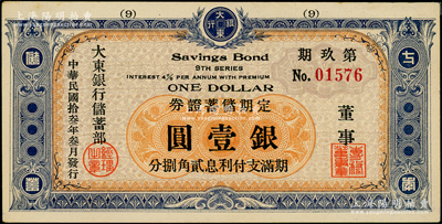 民國拾叁年（1924年）大東銀行儲蓄部定期儲蓄證券·第玖期藍色壹圓，發行于上海；海外藏家出品，九成新