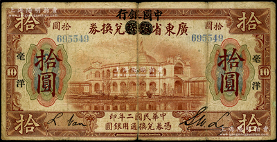 民國二年（1913年）廣東省銀行兌換券改中國銀行毫洋拾圓，黑字加印版，李士偉·范磊簽名，少見，原票七成新