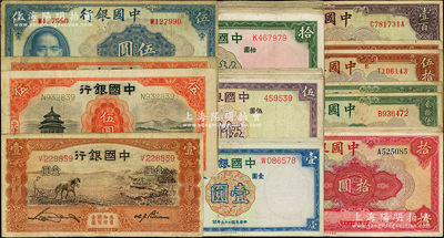 中國銀行紙幣共54枚，詳分：1931年天津伍圓2枚，1935年天津馬耕地壹圓，1937年壹圓6枚、伍圓11枚、拾圓20枚，1940年伍圓、拾圓8枚、貳拾伍圓2枚、重慶伍拾圓2枚、重慶壹佰圓，內含不同字軌；源于前輩名家之遺藏，七至八成新