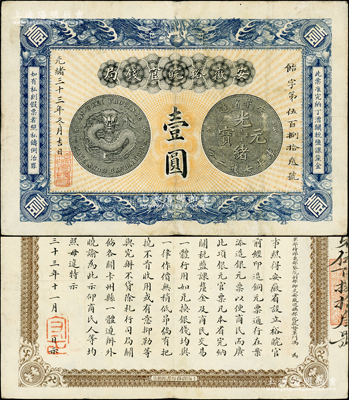光緒三十三年（1907年）安徽裕皖官錢局壹圓，背面告示文字均極為清晰，已屬難得之上乘品相；柏文先生藏品，八五成新