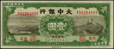 民國廿七年（1938年）大中銀行長城圖壹圓，北京·京津通用地名；柏文先生藏品，九五成新
