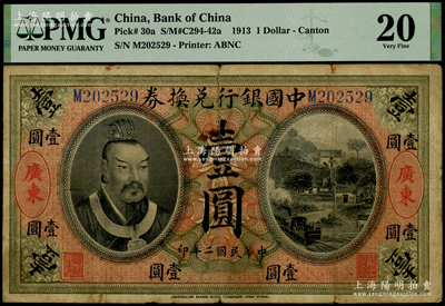 民國(guó)二年（1913年）中國(guó)銀行兌換券黃帝像壹圓，廣東地名，湯?！?yán)鷗客簽名，原票七五成新