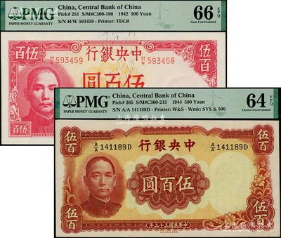 中央銀行法幣2種，詳分：1942年德納羅版伍百圓；1944年華德路版伍百圓，第一版A/A字軌；臺灣藏家出品，全新