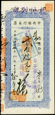民國卅七年（1948年）中央銀行本票（長春分行）東北流通券藍色貳佰億元，由經理手簽發行，屬央行本票之最大面額，罕見且屬首度公諸于陽明，九成新
