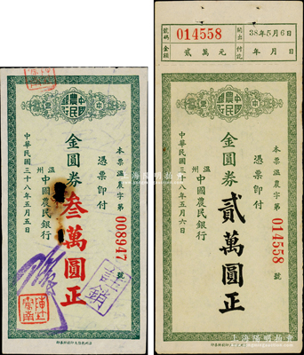 民國三十八年（1949年）溫州中國農民銀行本票金圓券貳萬圓、叁萬圓共2枚不同，未見圖譜記載，乃屬首度公諸于陽明；資深藏家出品，罕見，其中1枚中有小破損，原票七至九成新，敬請預覽