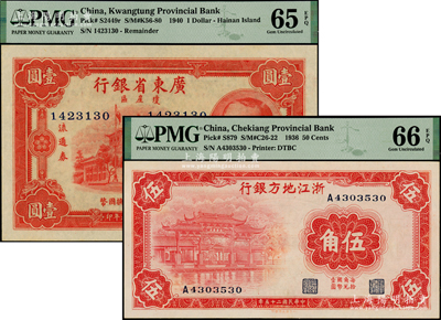 省鈔2種，詳分：浙江地方銀行1936年伍角單字軌，廣東省銀行瓊崖區流通券壹圓；臺灣藏家出品，全新