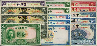 中國銀行法幣共14枚，詳分：德納羅版1935年黑色伍圓2枚；1936年壹圓；1937年壹圓無字軌、單字軌、雙字軌3種，伍圓雙字軌，拾圓無字軌、單字軌；美鈔版1940年伍圓3枚、拾圓2枚；源于前輩名家之遺藏，上佳品相，九至九五成新