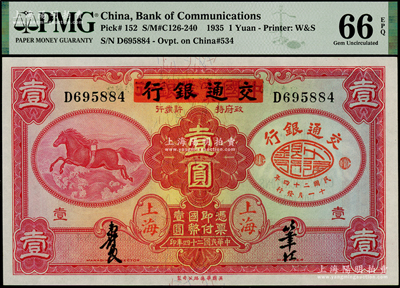 民國二十四年（1935年）中國實業銀行改交通銀行紅飛馬壹圓，D字軌，全新