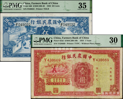 中國農民銀行1934年壹圓、1936年德納羅版伍角共2枚不同，八至八五成新