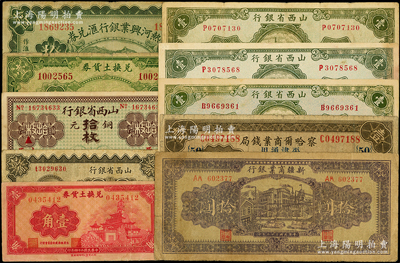 民國省鈔10枚，詳分：熱河興業銀行匯兌券1925年拾圓；察哈爾商業錢局1933年壹圓；山西省銀行銅元拾枚太原地名、1930年太原壹角、1936年壹圓3枚；兌換土貨券1934年壹圓、1935年壹角；新疆商業銀行1943年拾圓；臺灣藏家出品，整體約七至八五成新，敬請預覽