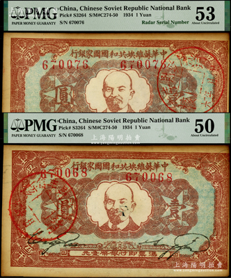 1934年中華蘇維埃共和國國家銀行列寧像壹圓共2枚，其中1枚屬雷達號，分別為PMG 50 AU和53 AU