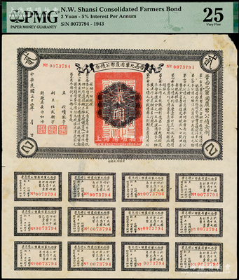 民國三十二年（1943年）晉西北鞏固農幣公債券貳圓，抗戰時期山西解放區發行，附帶有息票，少見，PMG 25 VF