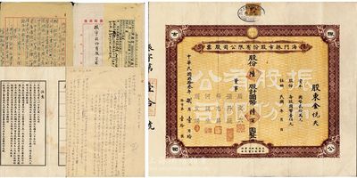 民國貳拾叁年（1934年）海門振市股份有限公司股票，陸股計國幣陸百圓；此海門乃今浙江臺州市椒江區，票上董事屈文六，即為民國初期之浙江都督屈映光氏；附帶有資料若干，內含股份登記辦法、清理初步方案等，頗具研究價值；少見，八成新