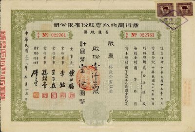 民國三十七年（1948年）商辦閘北水電股份有限公司普通股票，綠色壹仟萬股計國幣壹億圓，面額驚人，七五成新