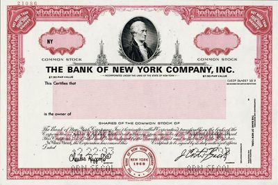 1968年紐約銀行股票樣本，此股票定額在10萬股以內，海外藏家出品，源于美國印鈔廠檔案，雕刻版印刷，少見，全新