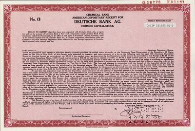 1985年德意志銀行股票樣本，此股票原在紐約上市發行；海外藏家出品，源于美國印鈔廠檔案，雕刻版印刷，少見，全新