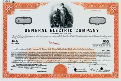1972年（美國）通用電氣公司債券樣本，雕刻版印刷，海外藏家出品，源于美國印鈔廠檔案，全新
