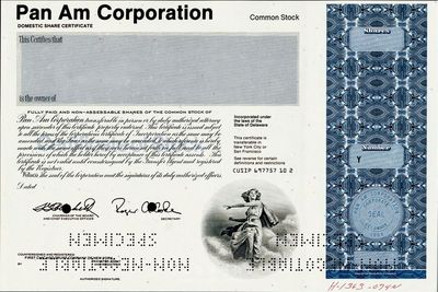 1984年（美國）泛美航空公司股票樣本，雕刻版印刷，海外藏家出品，源于美國印鈔廠檔案，全新