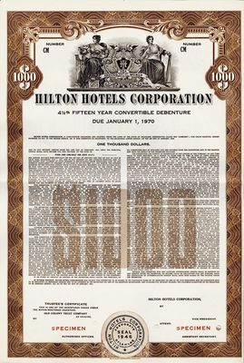1955年（美國）希爾頓酒店集團債券樣本，面額1000美元，附帶有完整息票；海外藏家出品，源于美國印鈔廠檔案，雕刻版印刷，九成新