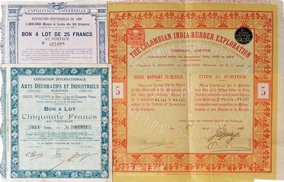 世博會老股票債券共3種不同，詳分：1889年法國巴黎世博會債券25法郎；1925年巴黎裝飾與工業藝術博覽會債券50法郎；1911年英國哥倫比亞印度橡膠博覽會股票5股計5鎊；海外藏家出品，八成新