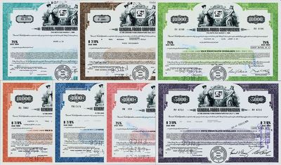1973至1977年（美國）通用食品公司債券共7種不同，詳分：定額紅色1000美元、藍色1000美元、紫色5000美元、桔紅10000美元、綠色10000美元，不定額棕色6000美元、淡綠50000美元；該公司曾為美國最大的食品公司之一，1989年與卡夫食品公司合并，成為全球第二大食品公司；海外藏家出品，八五成新