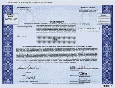2011年聯合利華公司股票1股，在紐約發行，由花旗銀行代理，目前股價即已高達數十美元；全新