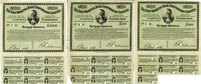 1885年新麗如銀行抵押債券綠色10鎊、50鎊、500鎊共3種不同樣本券，英國(guó)藏家出品，源于英國(guó)印鈔檔案，八至九成新