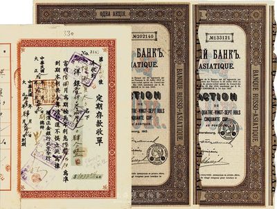 1911年華俄道勝銀行股票1股計(jì)187.50盧布共2枚，另附1921年橫濱正金銀行北京分行定期存款收單1張，海外藏家出品，八五成新