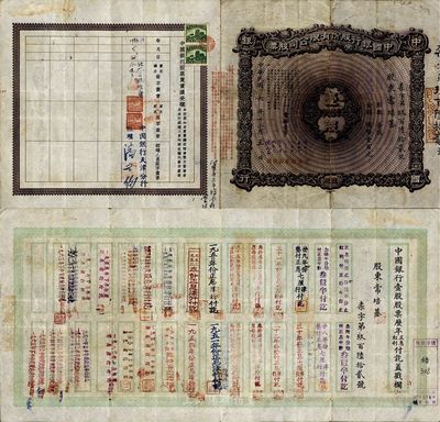 民國六年（1917年）中國銀行股份有限公司股票，壹股國幣壹百元，天津分行發行，票上由常務董事錢新之、葉琢堂、孔祥熙、宋子文、宋漢章、馮耿光、陳光甫簽名，背面流通狀況明顯，兌付股息至1965年，少見，七五成新