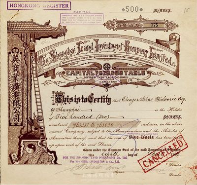 1931年（上海）英商業廣有限公司（地產公司）股票，棕色面額500股（每股規銀5兩），此為上海早期之老牌地產公司，其英文名稱可直譯為“上海房地產投資有限公司”，八五成新
