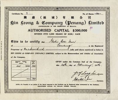1936年興隆（梹城）有限公司股票，面額100股（每股100元），此股票為第7號，由廣東華僑發行于馬來西亞檳城，少見品，八成新