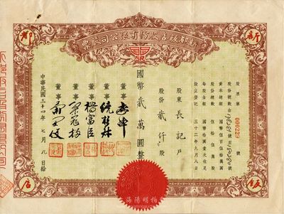 民國三十四年（1945年）新都飯店股份有限公司股票，貳仟股計國幣貳萬圓，八成新