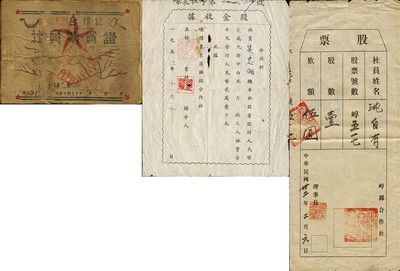 老股票3種，詳分：1943年崞縣合作社股票，壹股計伍圓；1952年嵊縣里東區供銷合作社股金收據，壹股計人民幣貳萬元，加入社費壹千元；1953年邵東七區合作社社員購買證；七至八成新