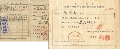 新中國股票等2件，詳分：1956年公私合營榮豐棉紡織印染廠股東領收股息憑證，核定股額計人民幣柒拾肆元；1964年無錫市北郊供銷合作社社員證，1股計叁元；七成新