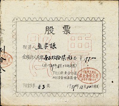1959年南京市下關區飲食合作商業經營管理委員會股票，金額人民幣壹百玖拾柒元，此股票為油印版，少見，八成新