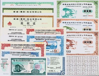 改革開放時期中國各公司股票12種，詳分：1992年南德(集團)股份有限公司股權證500股、1000股，票上由著名前“中國首富”牟其中簽名；安徽省福源股份有限公司股權證50股、100股、1000股；1993年北京市華遠房地產股份有限公司職工個人股權證1000股，由任志強簽名；東風汽車財務股份有限公司股權證100股；唐山宏達建材股份有限公司股權證100股；1989年江蘇沂淮地方鐵路