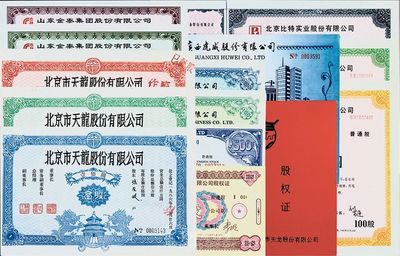 90年代初期中國各上市公司股票共14種不同，詳分：1986年北京市天龍股票1股、5股、10股及股權證；1989年山東金泰集團股票100股、500股；1992年北京比特實業股權證100股、1000股、10000股；石家莊寶石電子玻璃股權證50股；1993年廣西虎威股權證500股；咸陽偏轉線圈股權證500股；陜西省金葉印務100股、1000股；印刷精美，部分有水印，九成至全新