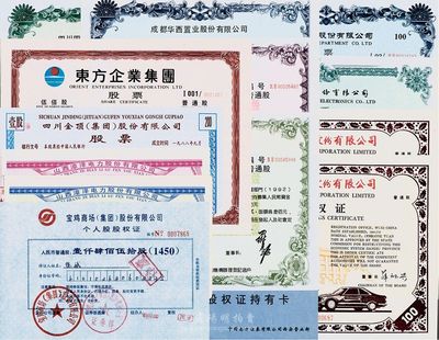 90年代初期中國各上市公司股票共14種不同，詳分：1988年四川金頂股票1股；東方企業集團股票500股；1992年成都華西置業股權證100股、500股、1000股；黃河機電股票100股；西安民生百貨股票100股；無錫威孚股權證100股、1000股；山西漳澤電力股權證10股、100股；1993四川四達生物工程產業開發股權證500股；寶雞商場個人股股權證1450股；1996年寶商股