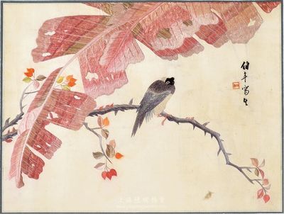 早期“紅葉小鳥圖”刺繡一幅，上題有“伯年寫生”字樣，保存甚佳，敬請預覽