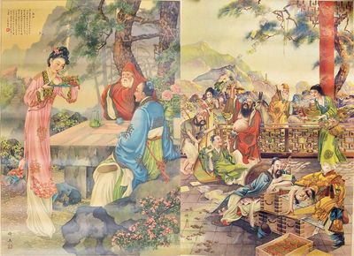 民國時期（上海）杭穉英“麻姑獻壽”和“八仙”大型廣告年畫共2張，保存尚佳，敬請預覽