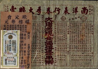 清代至民國老彩票等3件，詳分：光緒十九年（祁邑）狀元會綵樓奪元；山西建設有獎儲蓄存款證書1944年國幣拾圓；（滿洲國）南洋表行春季大賤賣宣傳單；七至九成新，敬請預覽